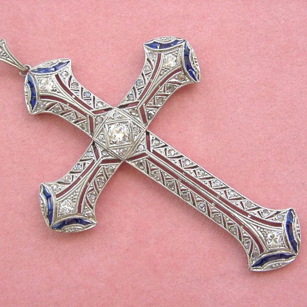 ART DECO .8ctw DIAMOND SAPPHIRE CROSS PENDANT 1930